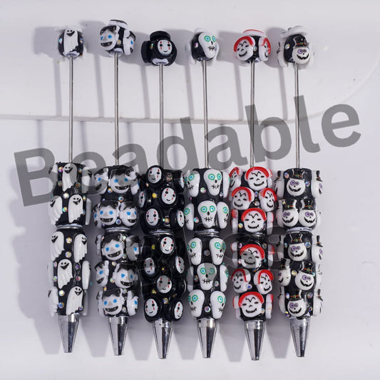 Beadable Clay Pens with Skull Ghost Halloween Series and AB Rhinestones