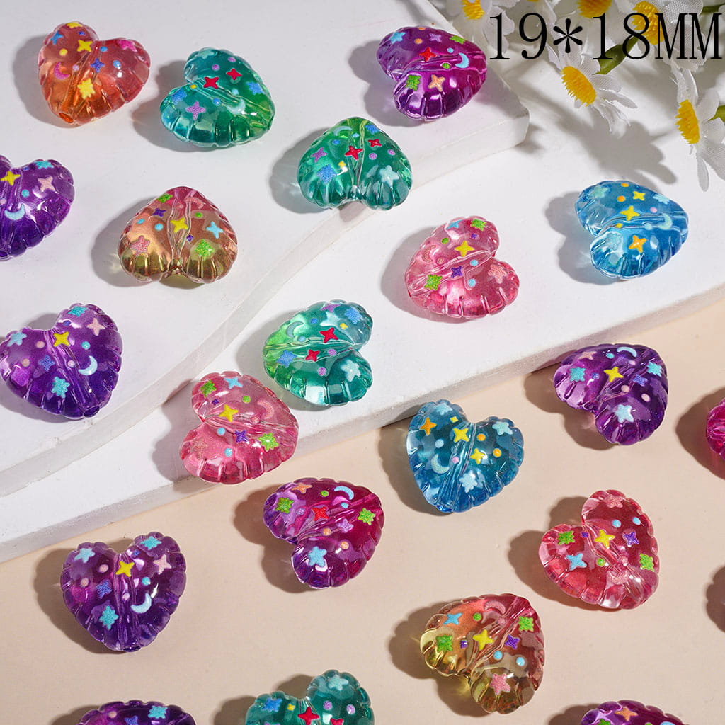 Acrylic Beads Heart with Mini Dots Star Moon, 19*18MM Multi-Color Random Mix