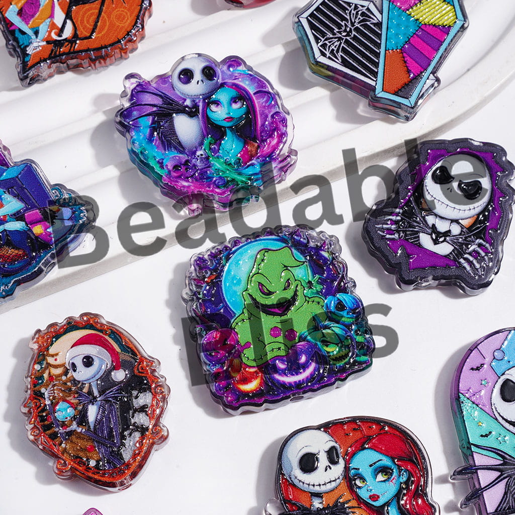 Halloween Theme Skull Skeleton Couple Character Acrylic Beads, Semi-Clear, Random Mix