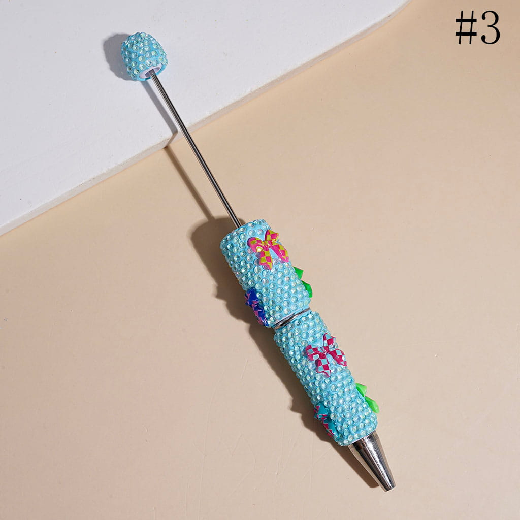 Beadable Clay Pen with Clear Rhinestones and Checkered Patterns Bow, Multi-Color
