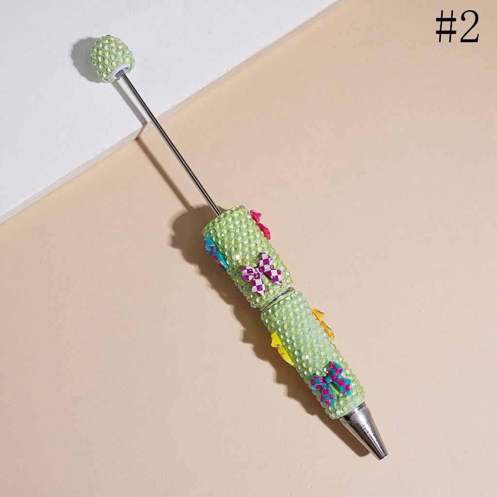 Beadable Clay Pen with Clear Rhinestones and Checkered Patterns Bow, Multi-Color