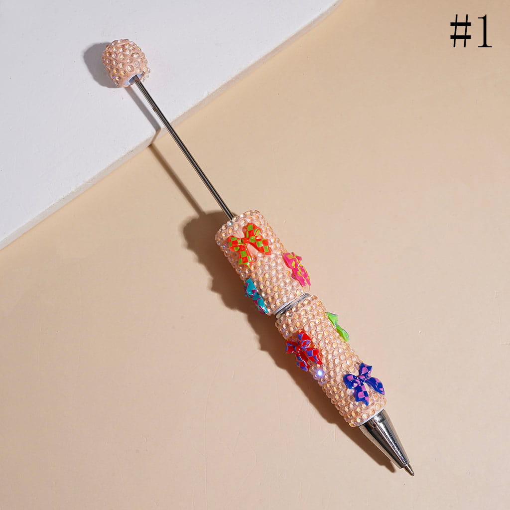 Beadable Clay Pen with Clear Rhinestones and Checkered Patterns Bow, Multi-Color