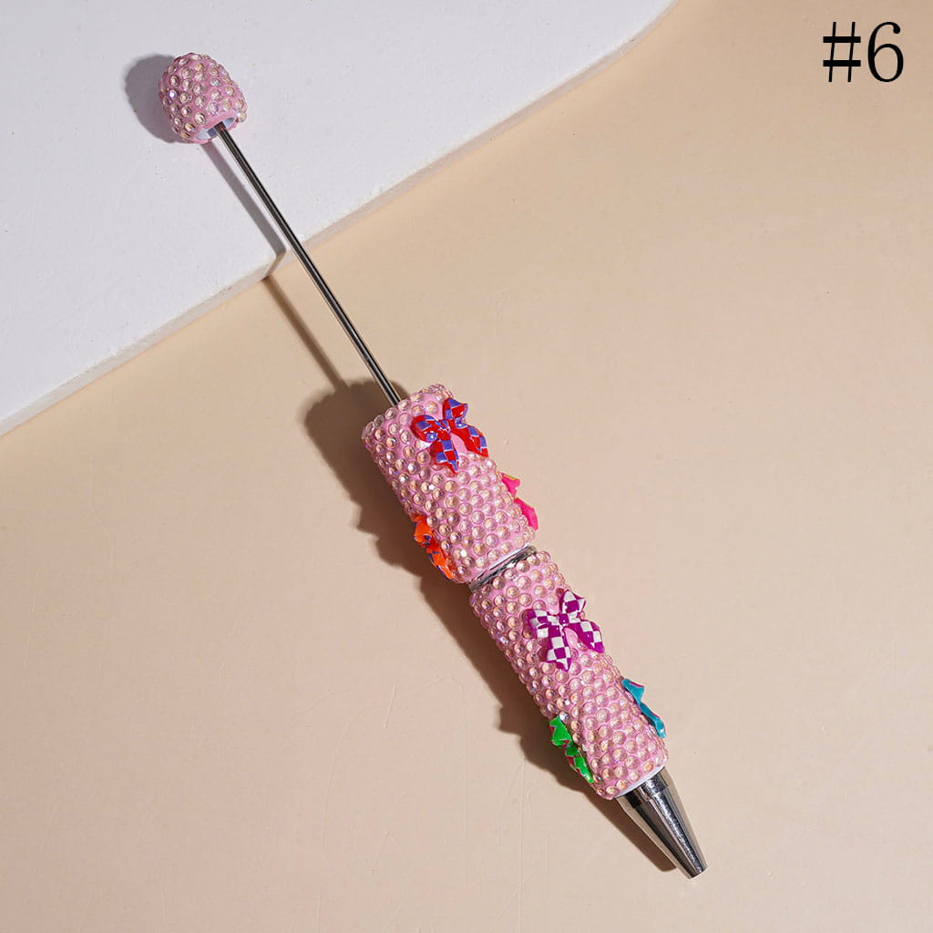 Beadable Clay Pen with Clear Rhinestones and Checkered Patterns Bow, Multi-Color