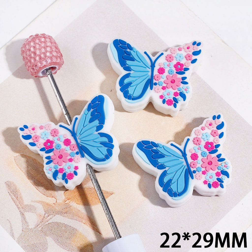 Silicone Focal Beads Butterfly with Pink and Blue Flowers on Wing, 22*29MM