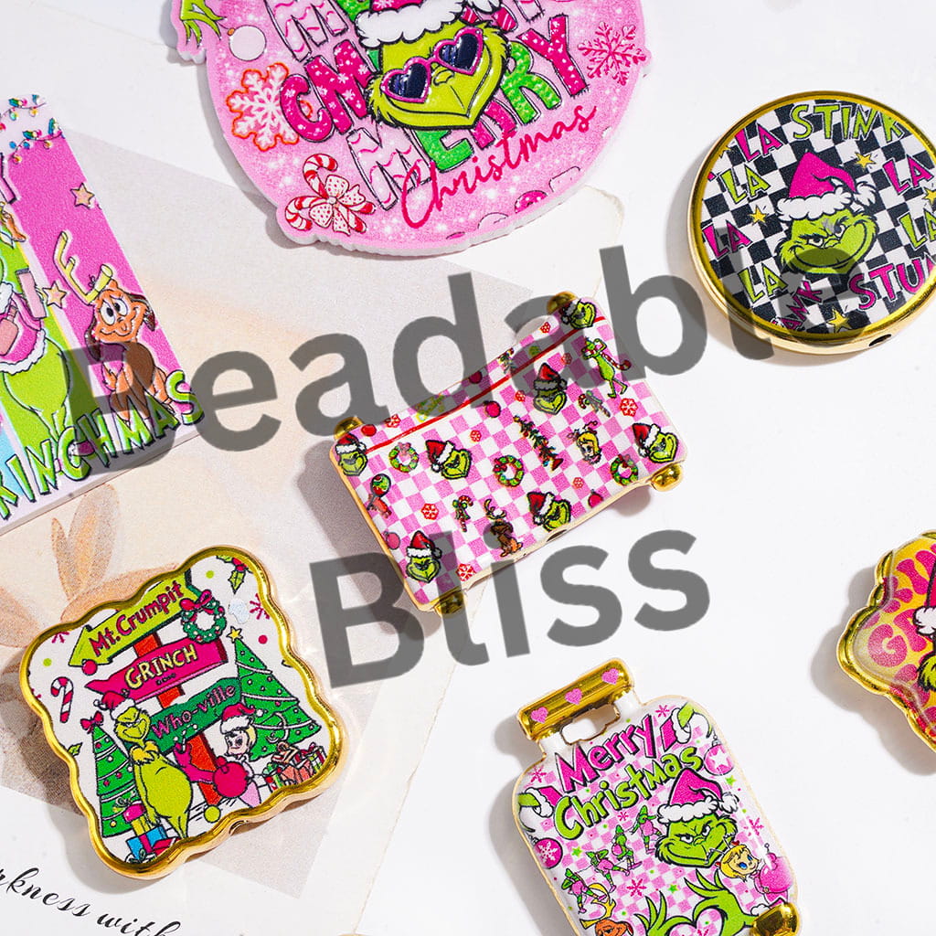 Christmas Theme Funny Christmas Green Character Series Acrylic Beads and Pendants, Gold Border, Random Mix