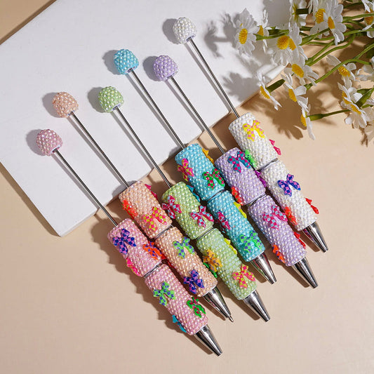 Beadable Clay Pen with Clear Rhinestones and Checkered Patterns Bow, Multi-Color