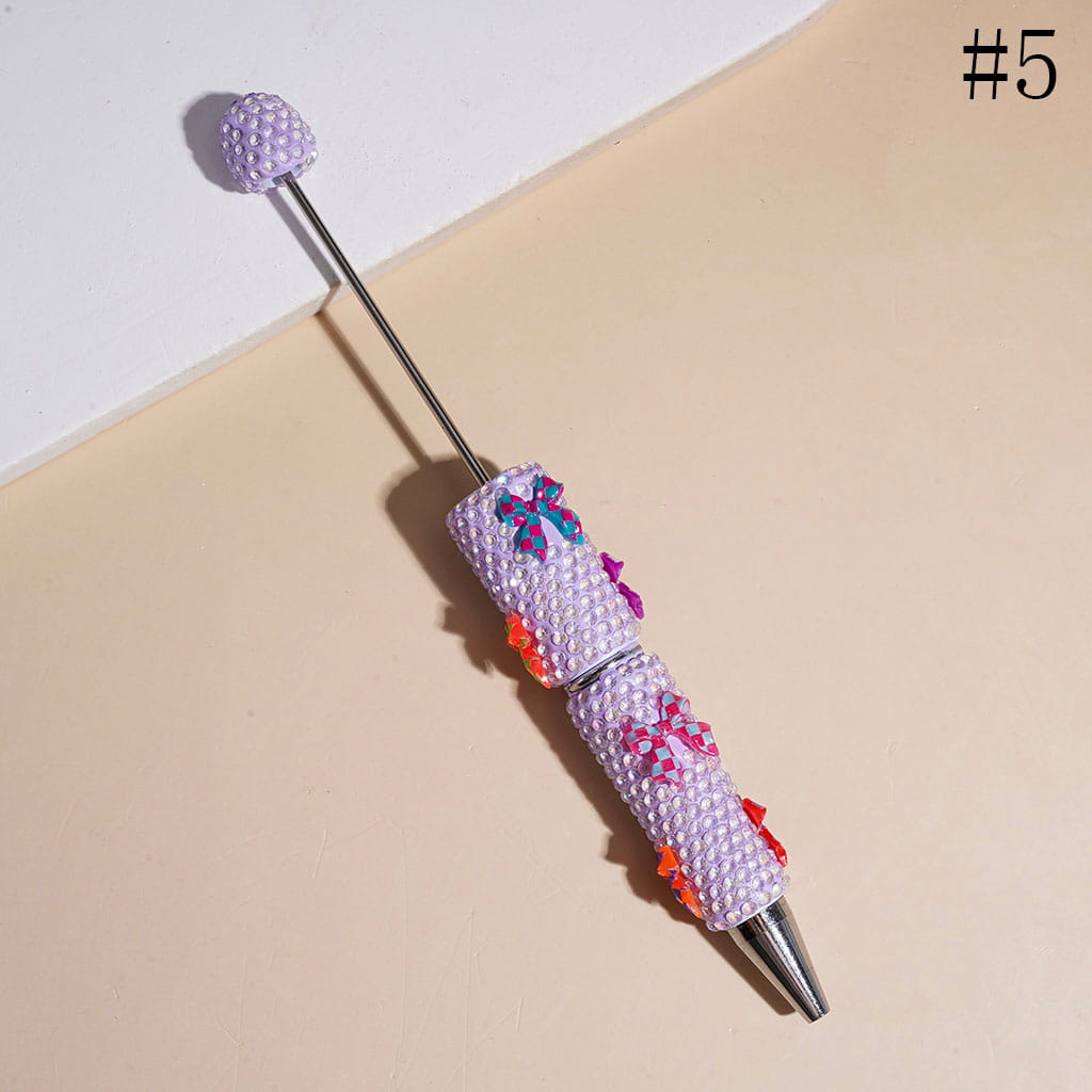 Beadable Clay Pen with Clear Rhinestones and Checkered Patterns Bow, Multi-Color