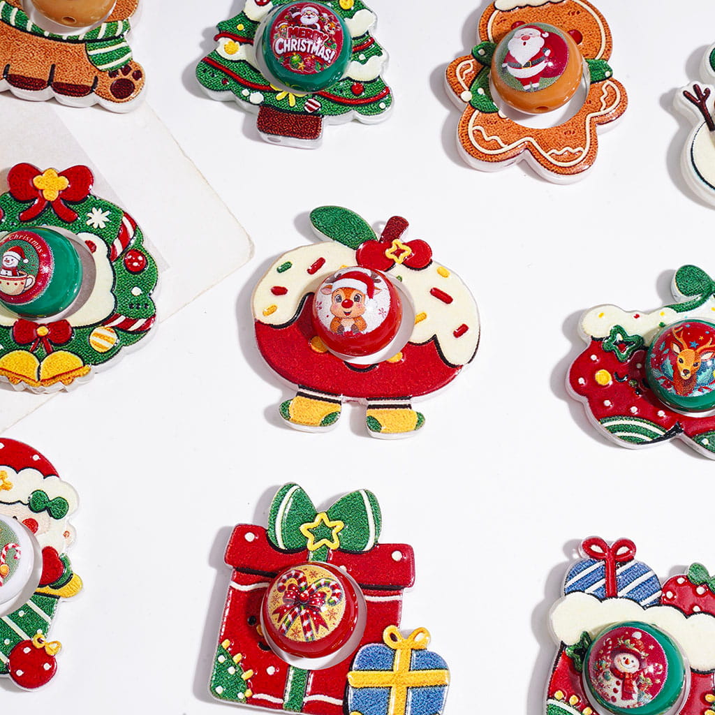 Christmas Collection Set Acrylic Beads, Hollowed Stocking Apple Reindeer Christmas Tree Gingerbread Men Snowmen Wreath Gift Box & Round Beads, Random Mix
