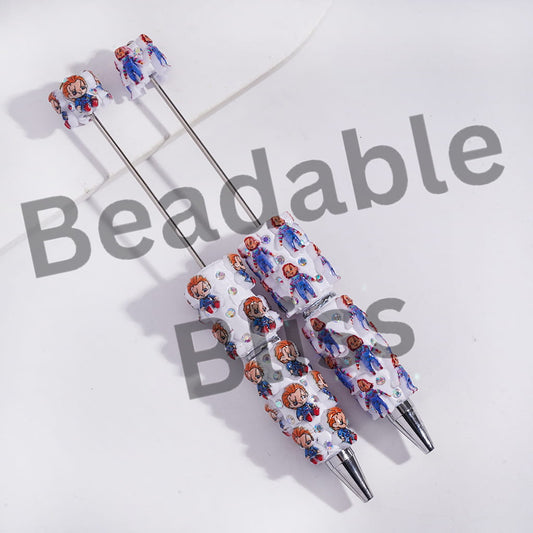Beadable Clay Pens with Horror Doll Ghost Baby in Various Position, AB Rhinestones