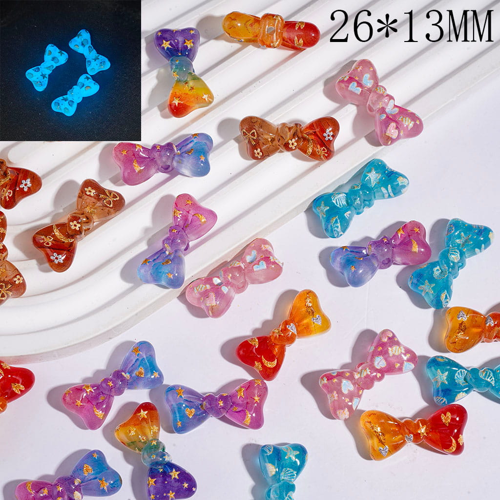 Acrylic Beads Luminous Bowtie with Heart Flower Candy Star Marine Life Prints, Gradient Colors, 26*13MM, Random Mix
