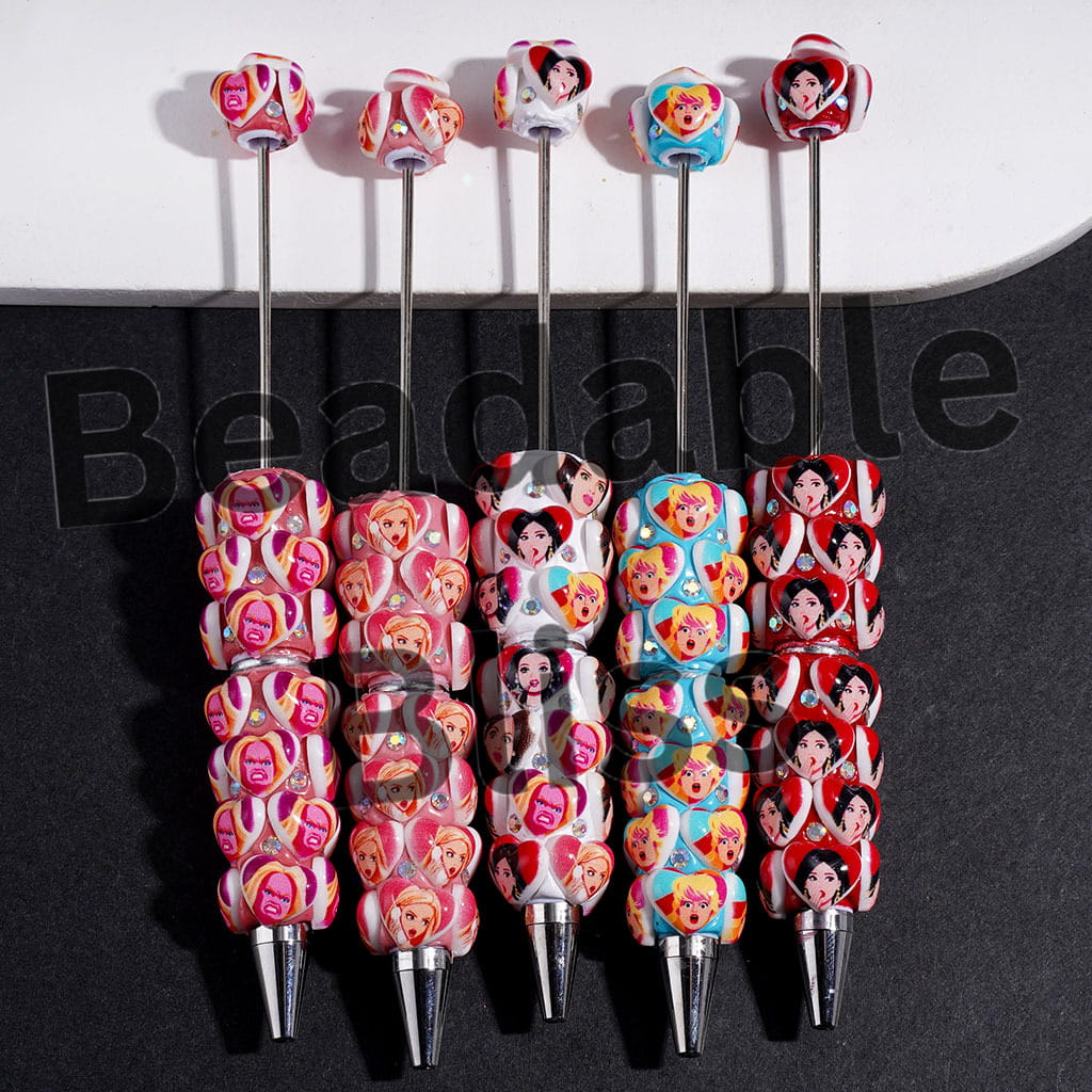 Beadable Clay Pens with Heart and Surprised Expression Fashion Doll and AB Rhinestones