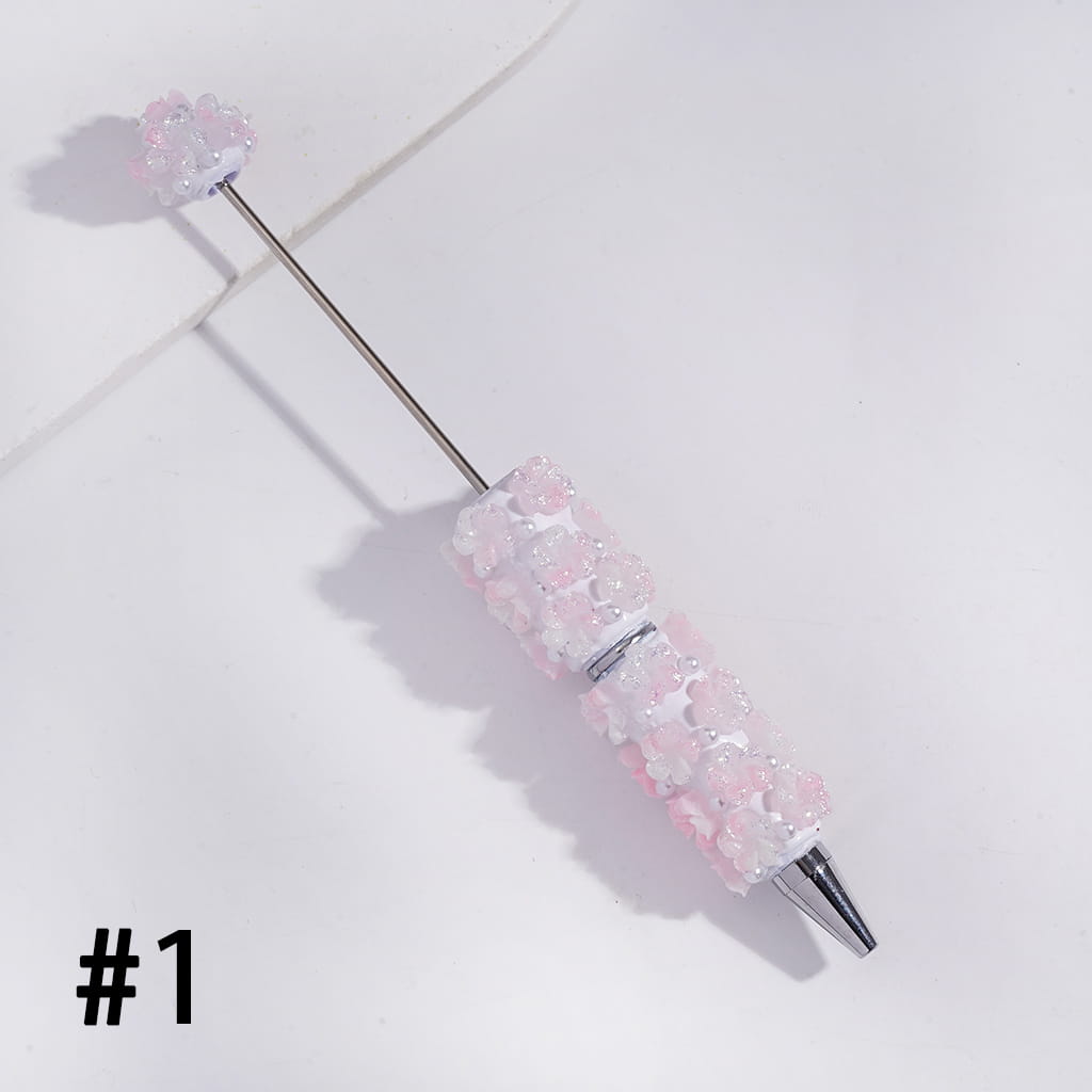 Beadable Clay Pens with Luminous Vertigo Five-Petaled Flowers and White Pearls, Multi-Color