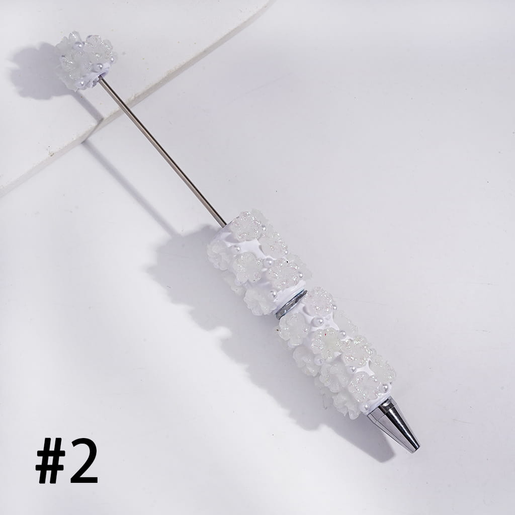 Beadable Clay Pens with Luminous Vertigo Five-Petaled Flowers and White Pearls, Multi-Color
