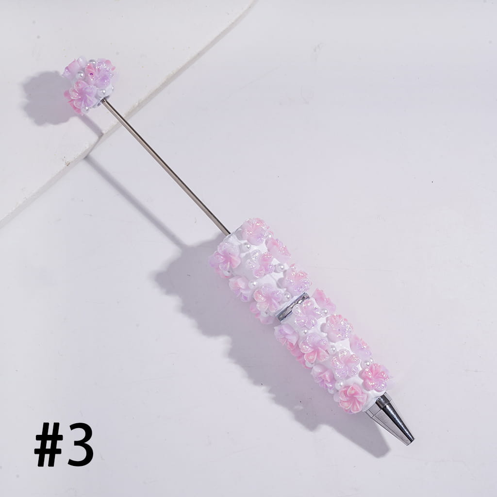Beadable Clay Pens with Luminous Vertigo Five-Petaled Flowers and White Pearls, Multi-Color