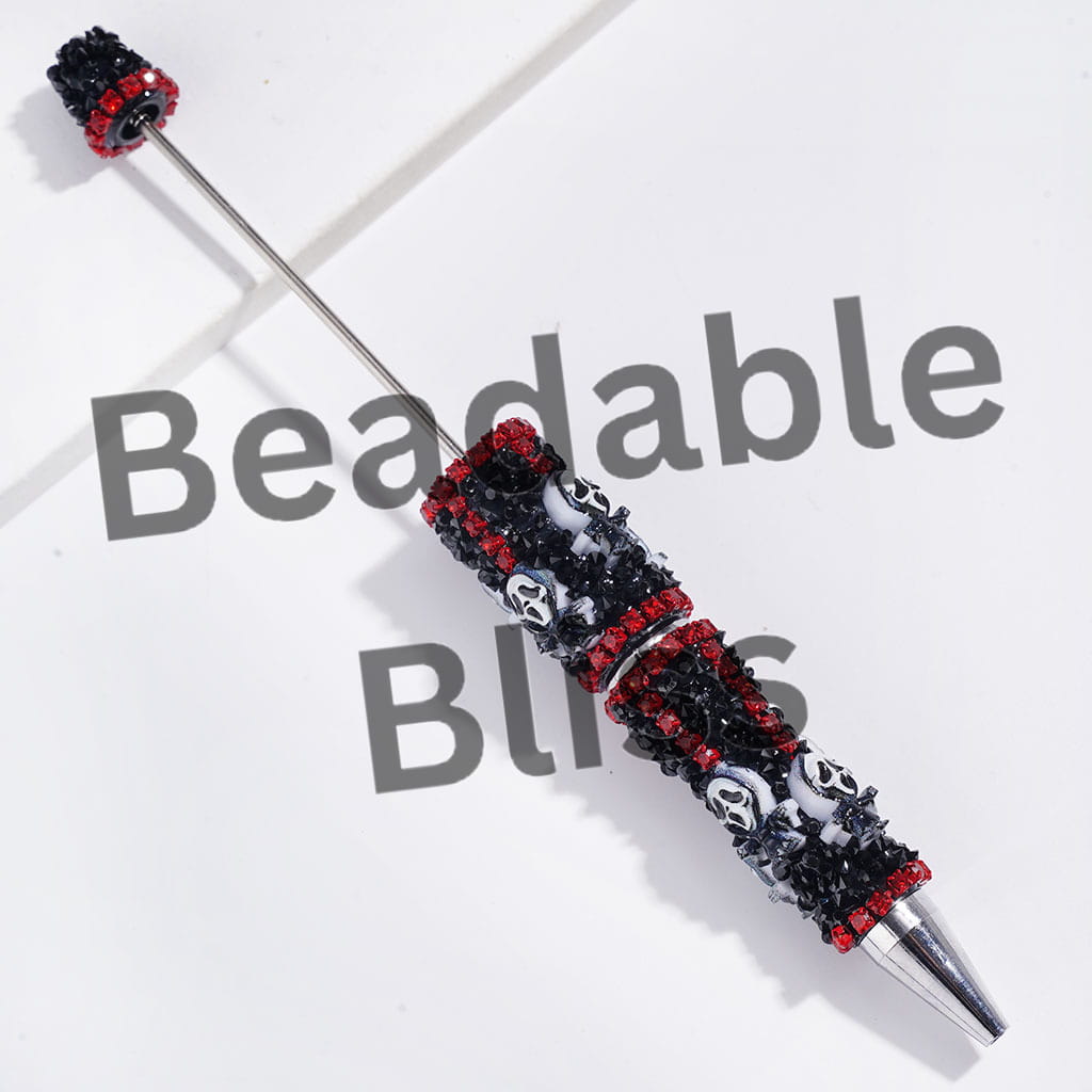 Handmade Beadable Sugar Pens with Horror Mask Skull and Black Cone Shaped Rhinestones, Red Metal Chains with Red Crystal