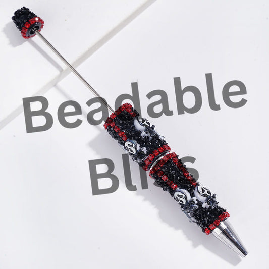 Handmade Beadable Sugar Pens with Horror Mask Skull and Black Cone Shaped Rhinestones, Red Metal Chains with Red Crystal