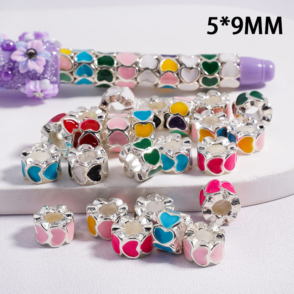 Silver Alloy Beads with Hearts, Big Hole Beads, Multi-Color, 5*9MM, Random Mix (The Hole Diameter is 5 MM)