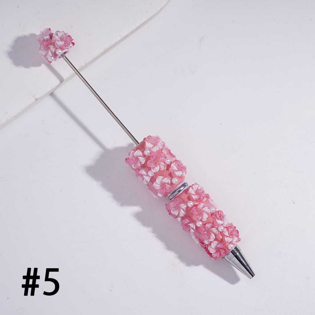 Beadable Clay Pens with Luminous Vertigo Five-Petaled Flowers and White Pearls, Multi-Color