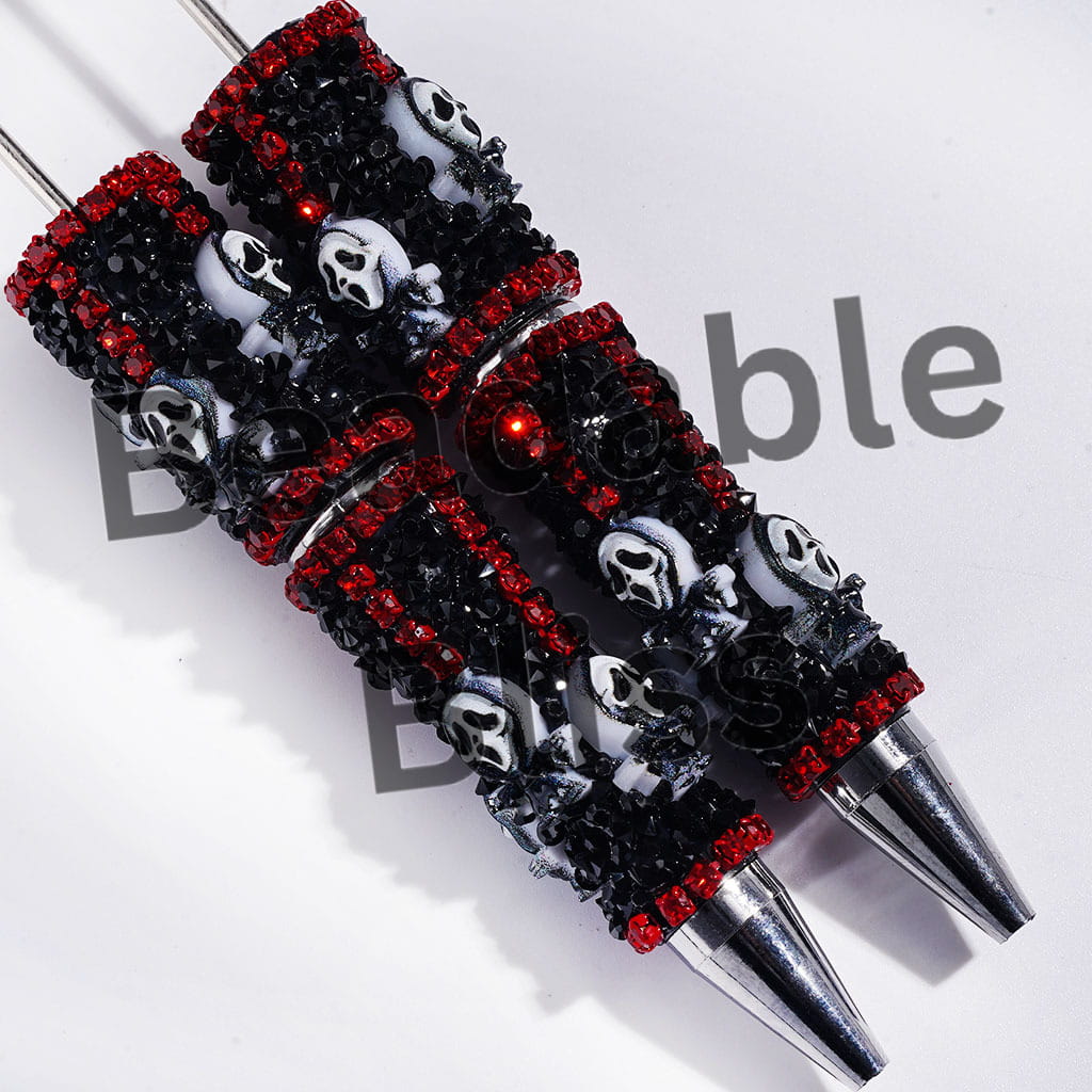 Handmade Beadable Sugar Pens with Horror Mask Skull and Black Cone Shaped Rhinestones, Red Metal Chains with Red Crystal