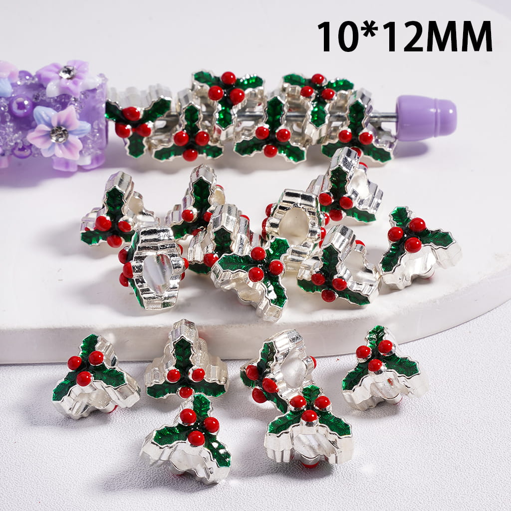 Acrylic Beads Christmas Holly Leaves and Red Fruit Polka Dots, 10*12MM, Big Hole Beads