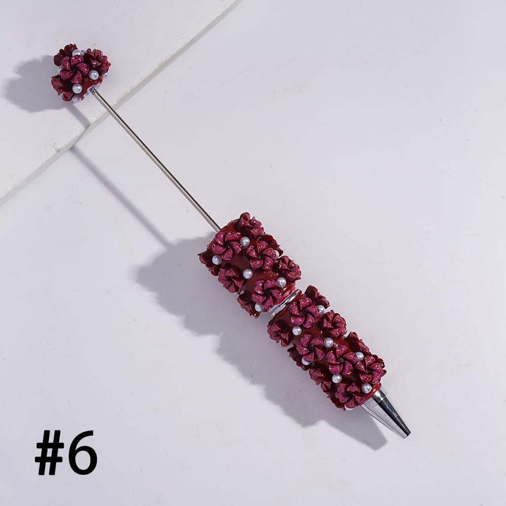 Beadable Clay Pens with Luminous Vertigo Five-Petaled Flowers and White Pearls, Multi-Color