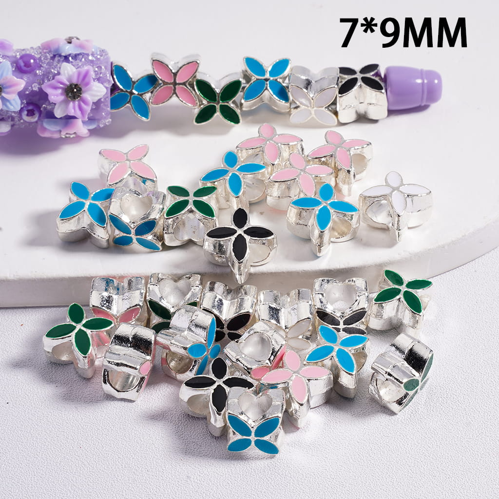 Silver Alloy Beads with Four Leaf Clover, Big Hole Beads, 7*9MM, Multi-Color, Random Mix (The Hole Diameter is 6 MM)