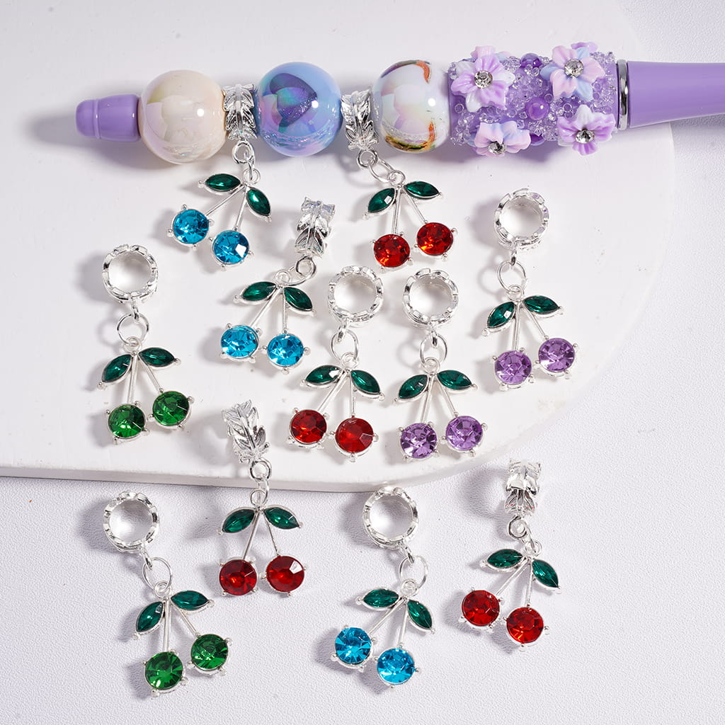 Silver Alloy Bail Beads with Leaf Ring Loop, Charm Pendant with Cherry Rhinestone, Multi-Color, Random Mix