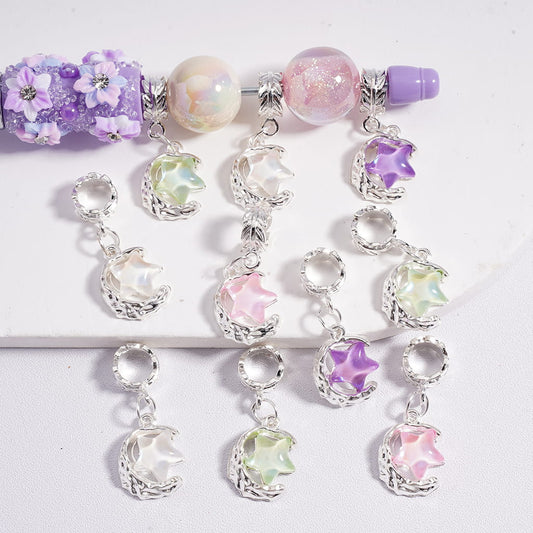 Silver Alloy Bail Beads with Leaf Ring Loop, Charm Pendant with Crescent Moon and Glossy Star, Multi-Color, Random Mix
