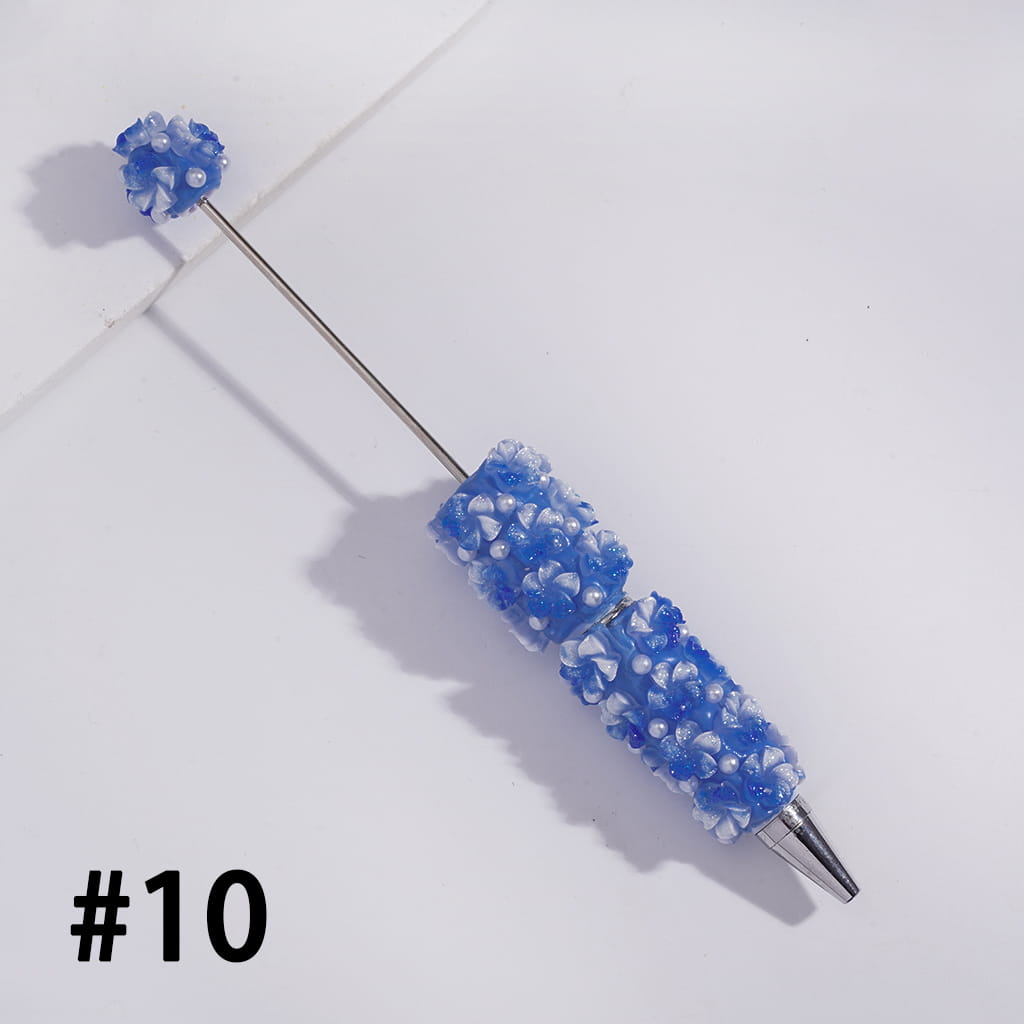 Beadable Clay Pens with Luminous Vertigo Five-Petaled Flowers and White Pearls, Multi-Color