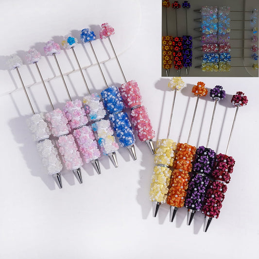 Beadable Clay Pens with Luminous Vertigo Five-Petaled Flowers and White Pearls, Multi-Color
