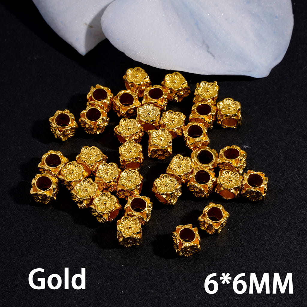 Metal Beads Cube Square Shape with Peach Flowers, 6*6MM, Big Hole Beads, Gold and Silver (The Hole Diameter is Around 3.5MM)
