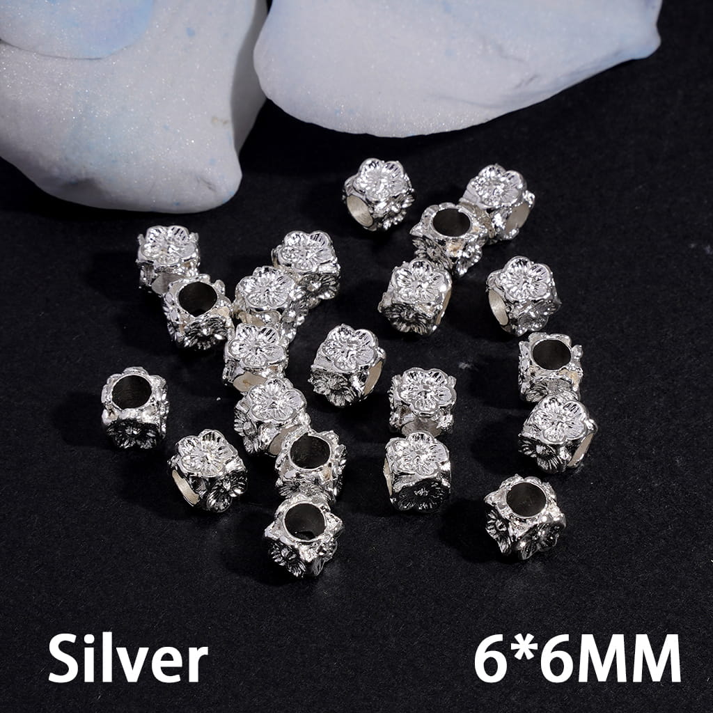 Metal Beads Cube Square Shape with Peach Flowers, 6*6MM, Big Hole Beads, Gold and Silver (The Hole Diameter is Around 3.5MM)