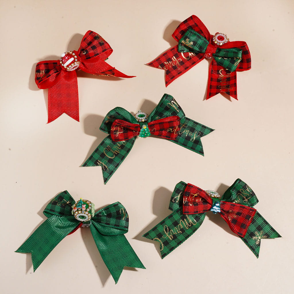 Handmade Acrylic Beads w Christmas Trims & AB Rhinestones Chains, White Pearl Loop, Red Green Gingham Fabric Bow, Random Mix