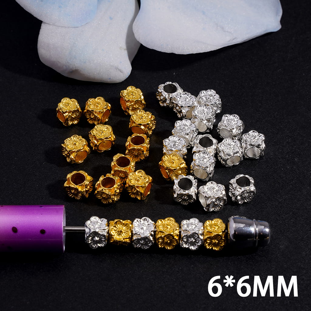 Metal Beads Cube Square Shape with Peach Flowers, 6*6MM, Big Hole Beads, Gold and Silver (The Hole Diameter is Around 3.5MM)