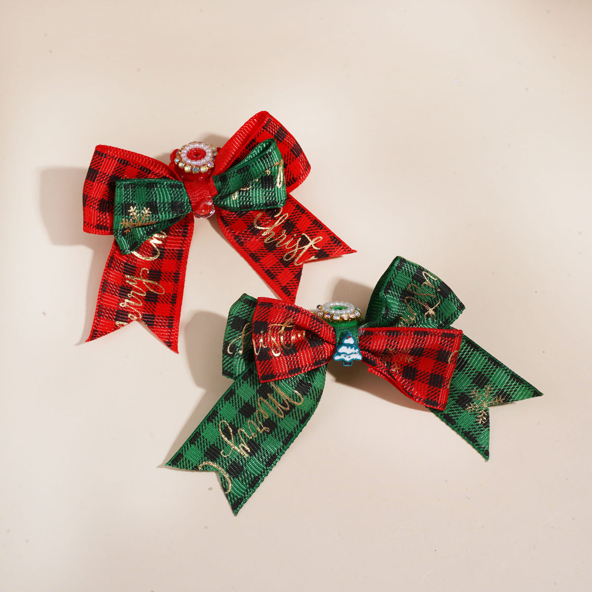 Handmade Acrylic Beads w Christmas Trims & AB Rhinestones Chains, White Pearl Loop, Red Green Gingham Fabric Bow, Random Mix
