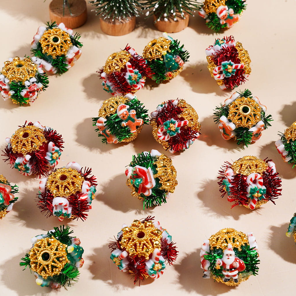 Handmade Acrylic Beads with Christmas Santa Claus Gingerbread Candy Cane Bell Tree, Gold Metal Setting & Red Green Tinsel, Random Mix
