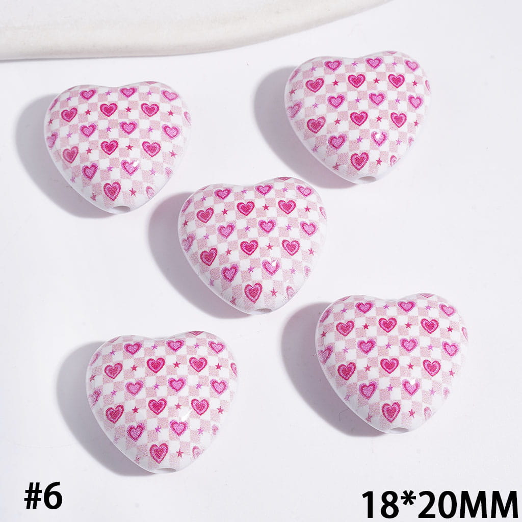Acrylic Beads Heart with Diverse Style Patterns, 18*20MM