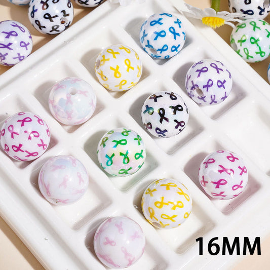 Acrylic Beads for Bracelets UV Coating Ribbon Bowtie in Breast Cancer Series, 16MM, Multi-Color, Random Mix