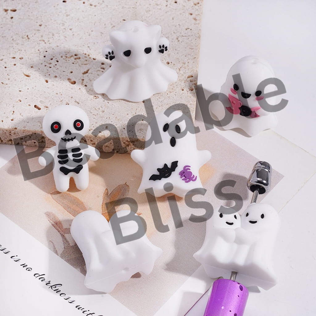 Silicone Focal Beads 3D Skeleton Ghost Halloween White Series