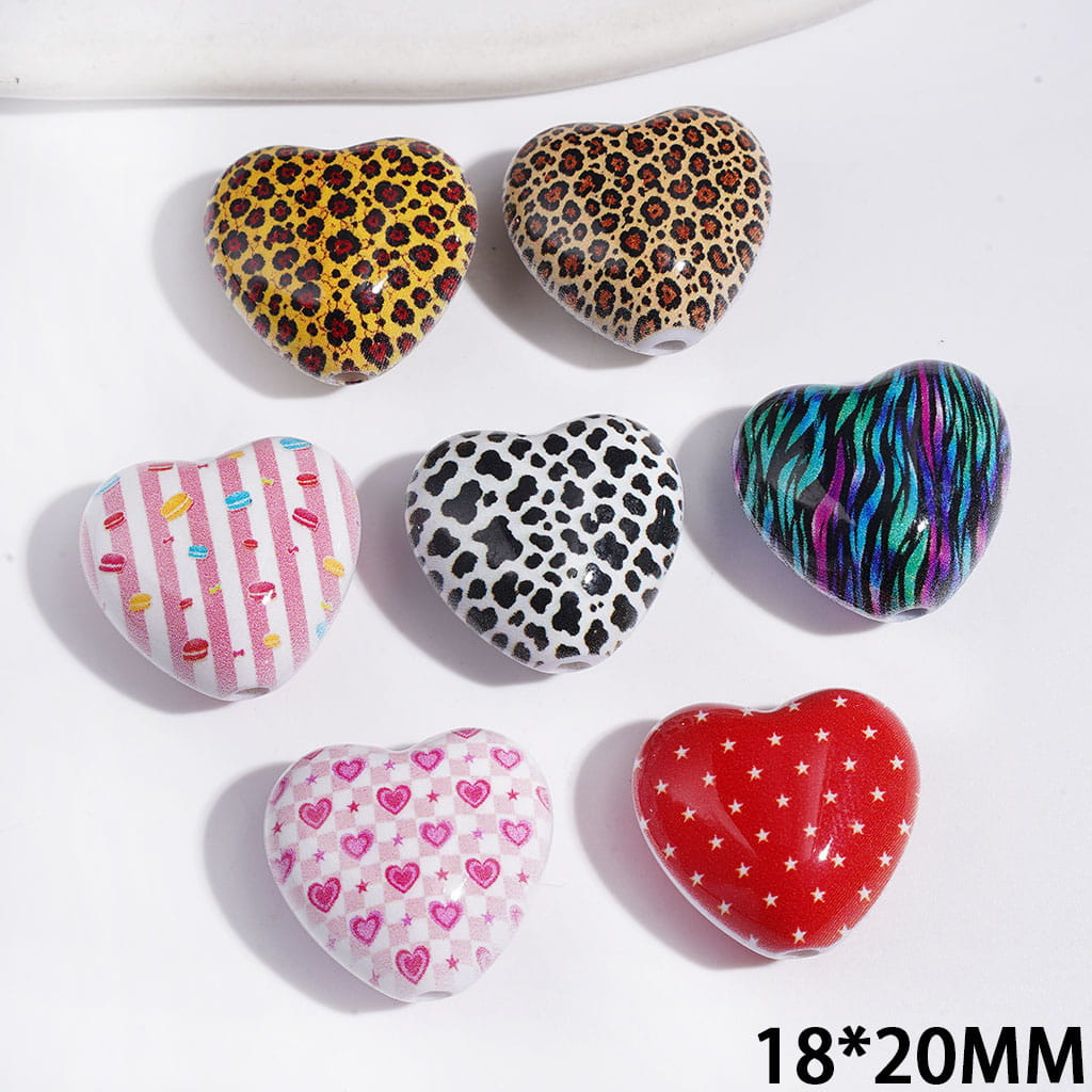 Acrylic Beads Heart with Diverse Style Patterns, 18*20MM