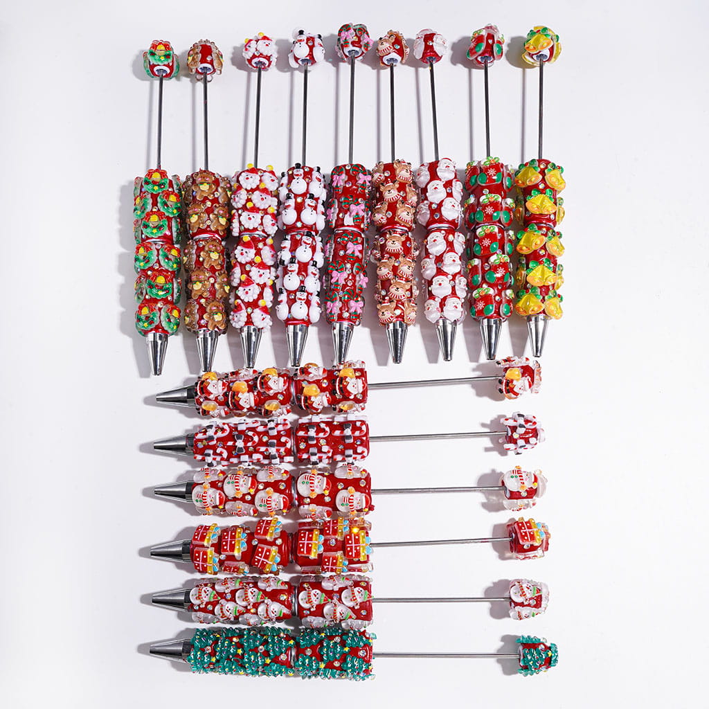 Christmas Beadable  Clay Pens, with Snowman Deer Santa Claus Tree Bell Gift Box Candy Cane Wreath Stocking & AB Rhinestones, Random Mix