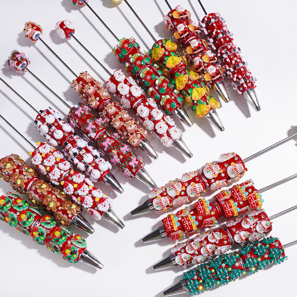 Christmas Beadable  Clay Pens, with Snowman Deer Santa Claus Tree Bell Gift Box Candy Cane Wreath Stocking & AB Rhinestones, Random Mix