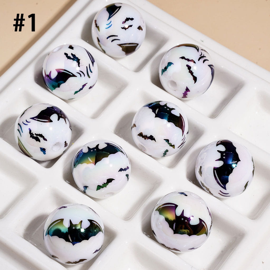 UV Coated Acrylic Beads for Bracelets with Horror Mask Skull Bat Witch Hat Castle, Halloween Series, 16MM
