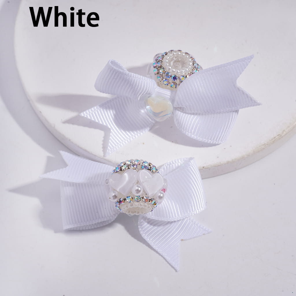 Acrylic Beads with Shiny Clear Hearts and Fabric Bowknot, AB Rhinestone and White Pearl Chains, Multi-Color