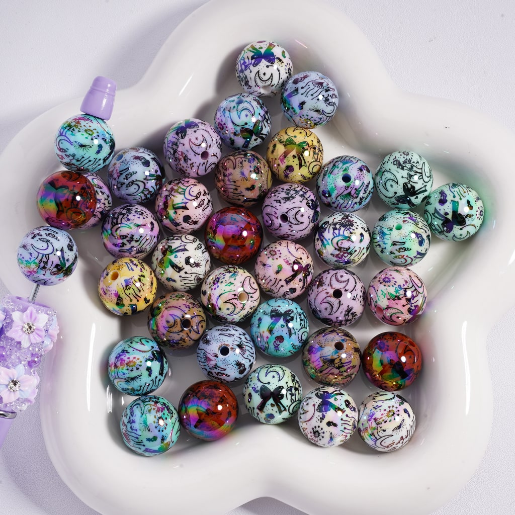Acrylic Beads UV Coating Cute Crescent Moon Bowknots Prints Multi-Color 16MM, Random Mix