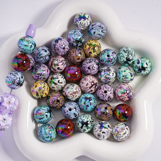 Acrylic Beads UV Coating Cute Crescent Moon Bowknots Prints Multi-Color 16MM, Random Mix