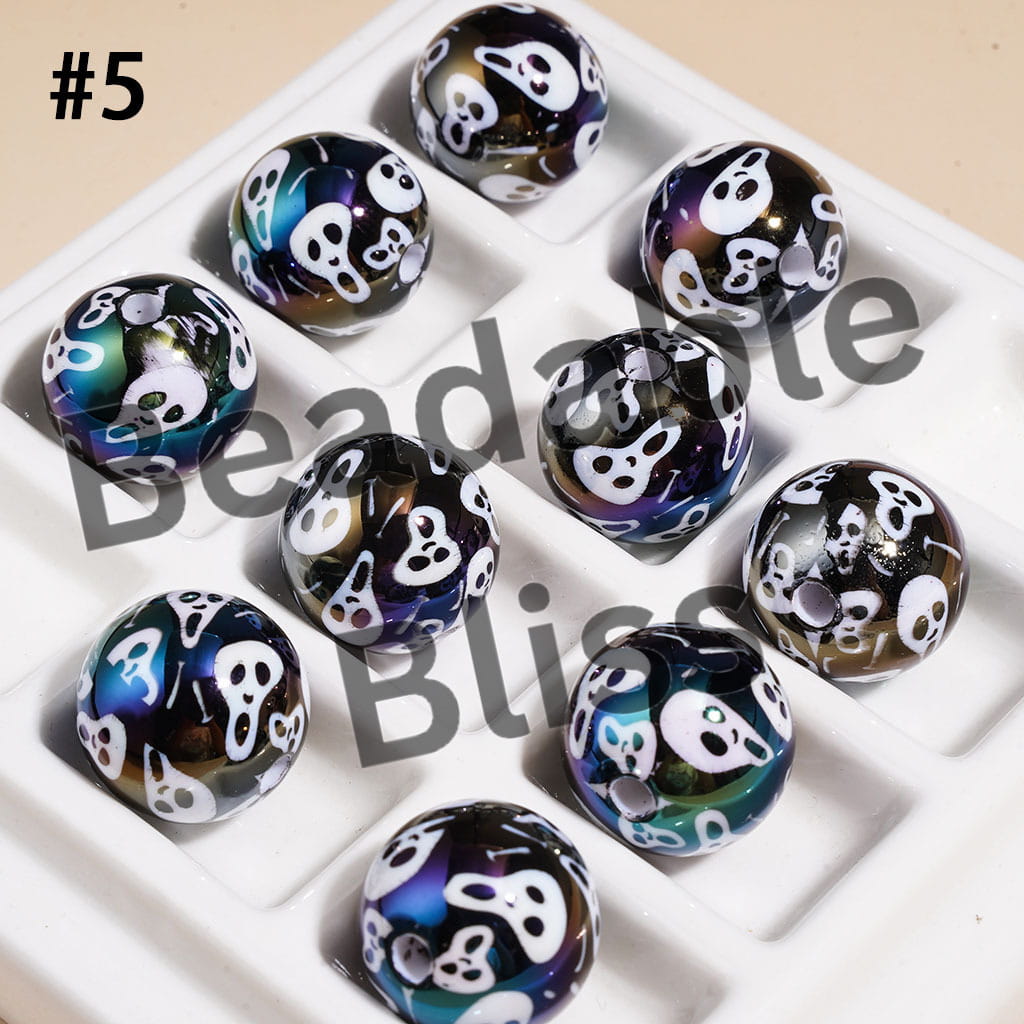 UV Coated Acrylic Beads for Bracelets with Horror Mask Skull Bat Witch Hat Castle, Halloween Series, 16MM