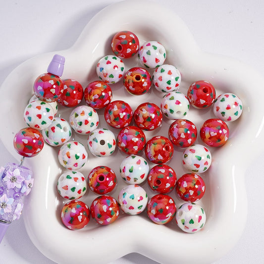 Acrylic Beads UV Coating  Mini Cute Hearts Prints Red White 16MM, Random Mix
