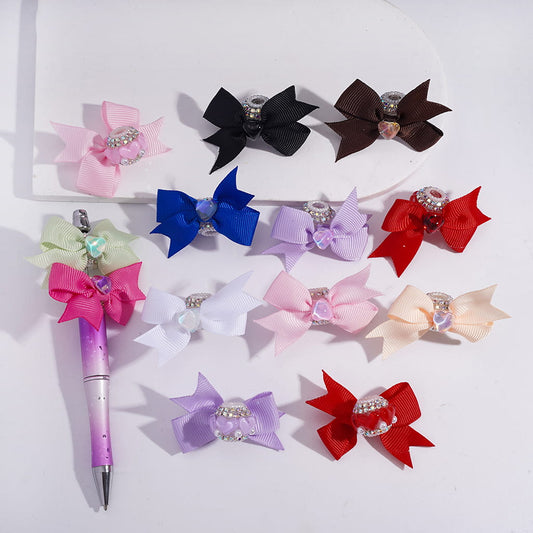 Acrylic Beads with Shiny Clear Hearts and Fabric Bowknot, AB Rhinestone and White Pearl Chains, Multi-Color