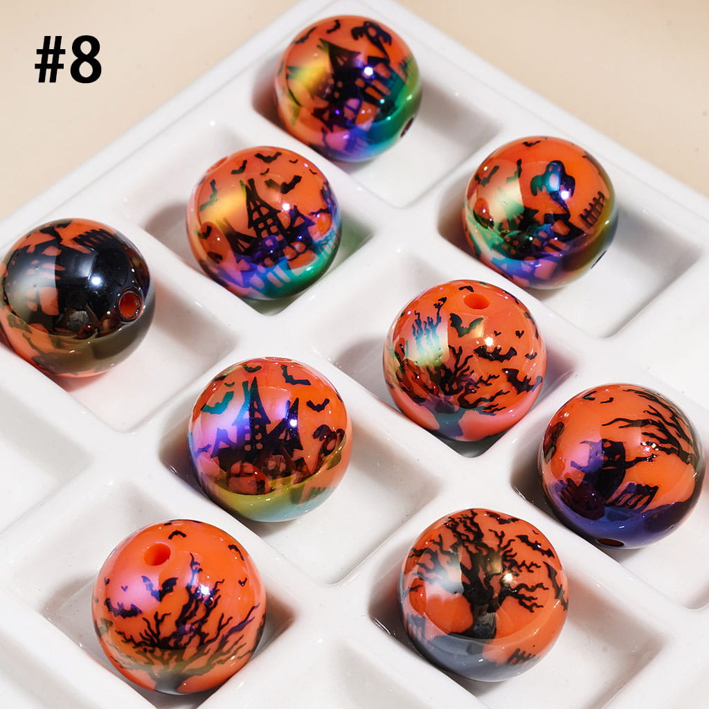 UV Coated Acrylic Beads for Bracelets with Horror Mask Skull Bat Witch Hat Castle, Halloween Series, 16MM